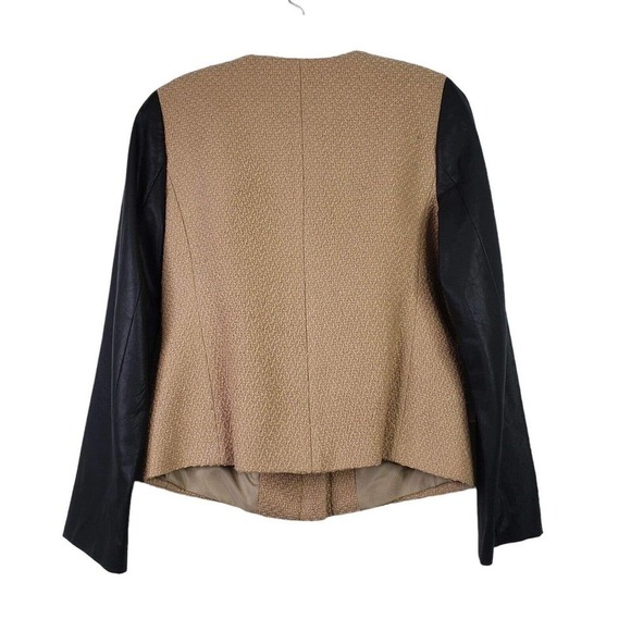 Talbots Blazer Jacket Womens 4 Wool Faux Leather Accents Tan Black Crop - Picture 3 of 8